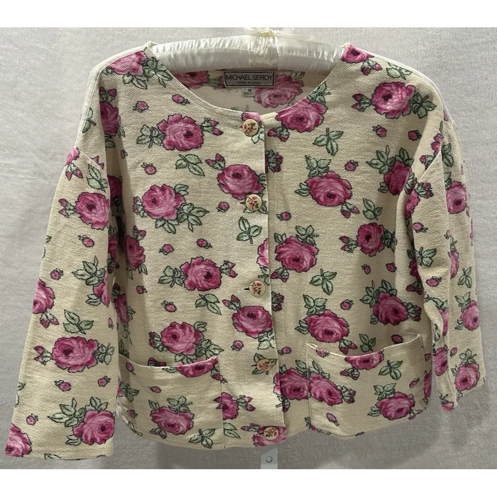 Vintage 90s Michael Simon USA Floral Tapestry Knit Cotton Cardigan Top Size M